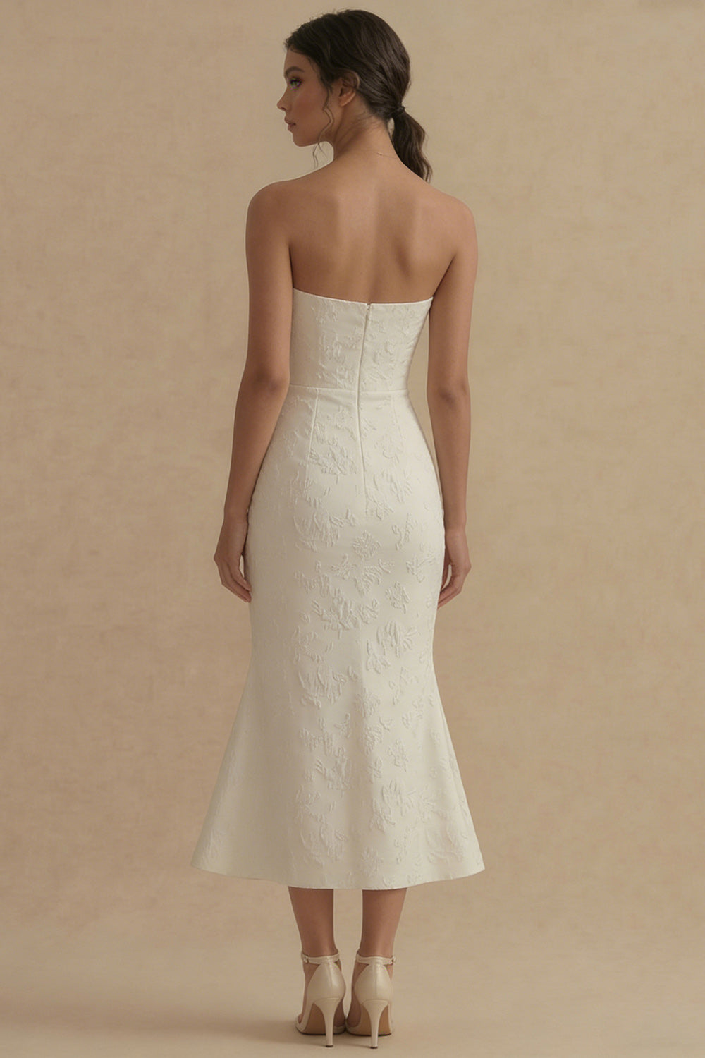 Jacquard Strapless Mermaid White Midi Engagement Dress