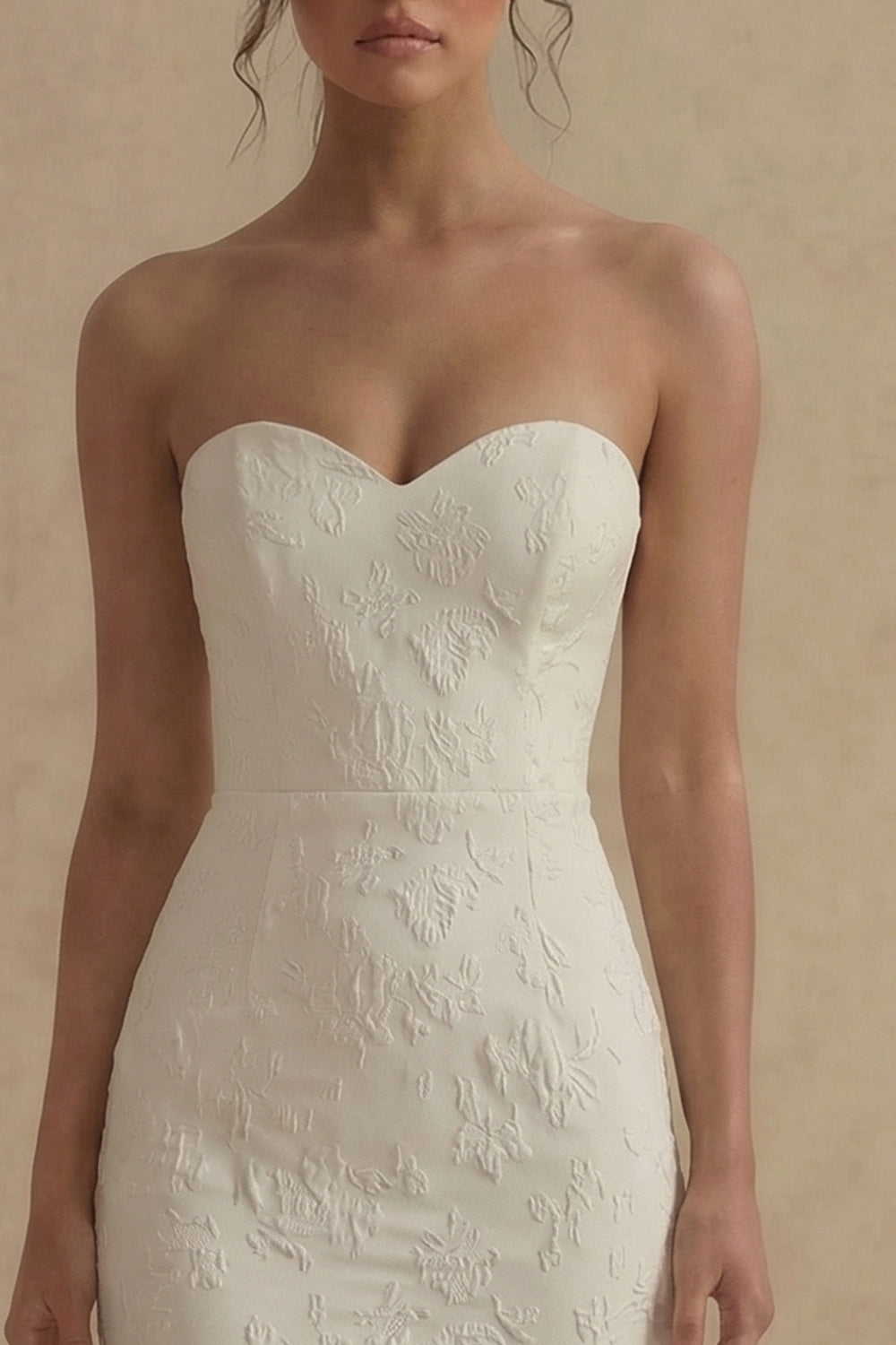 Jacquard Strapless Mermaid White Midi Engagement Dress