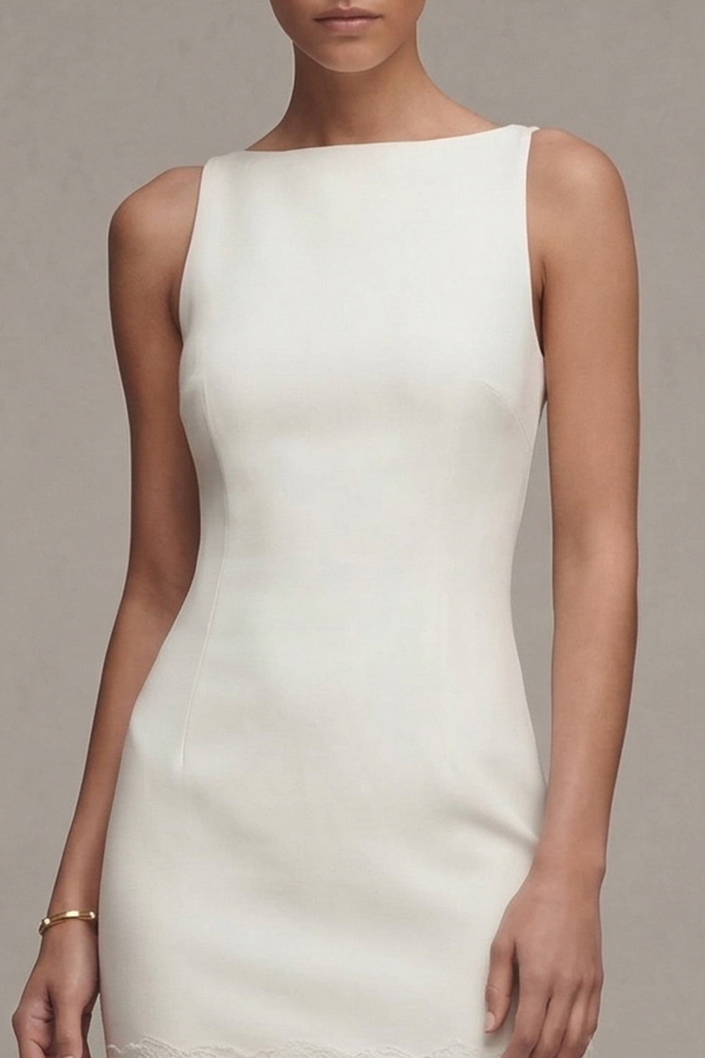 Bateau Neck Satin Lace White Engagement Dress