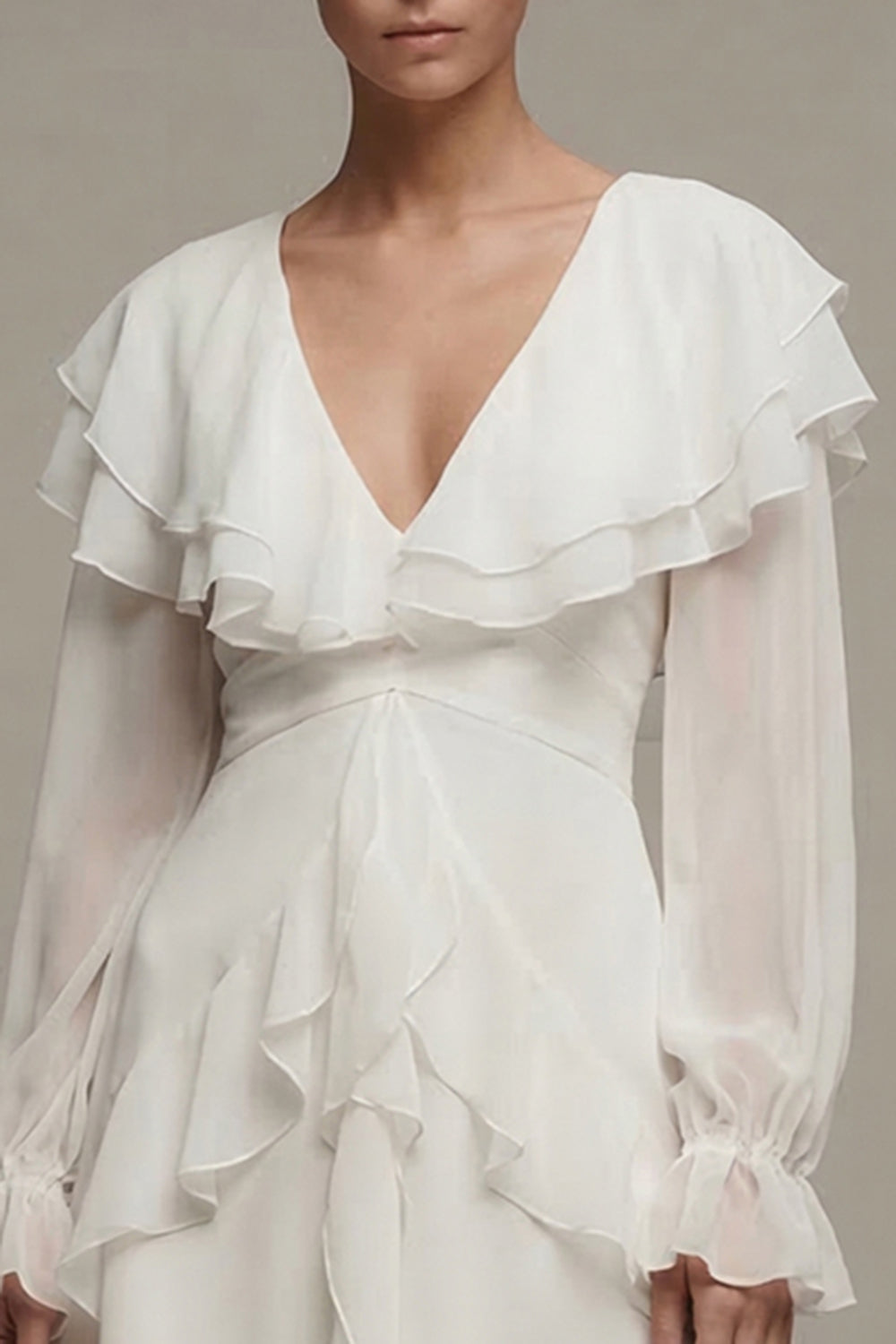 Long Sleeve Ruffled A Line Mini White Dress