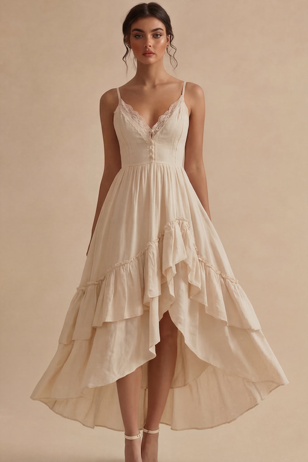 High Low Ruffled A Line Maxi White Dress