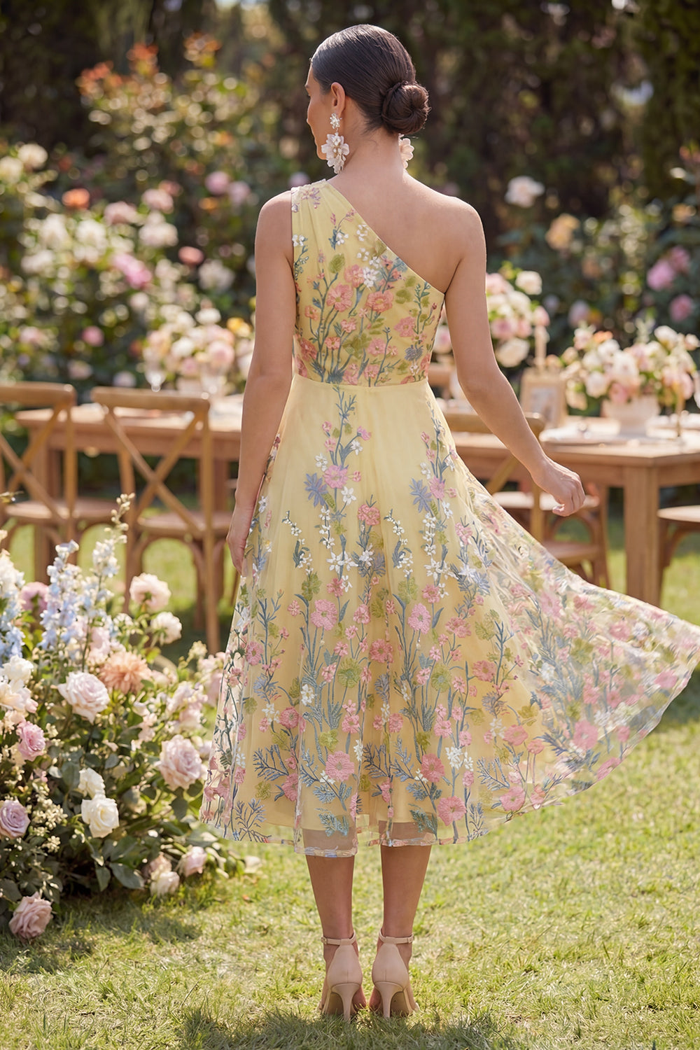 Floral Yellow One Shoulder A Line Midi Wedding Guest Dress