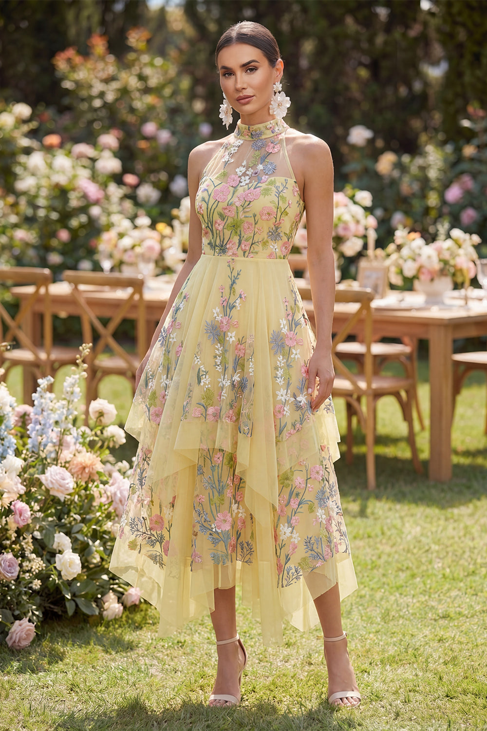 Halter Floral Yellow A Line Ruffled Wedding Guest Dress