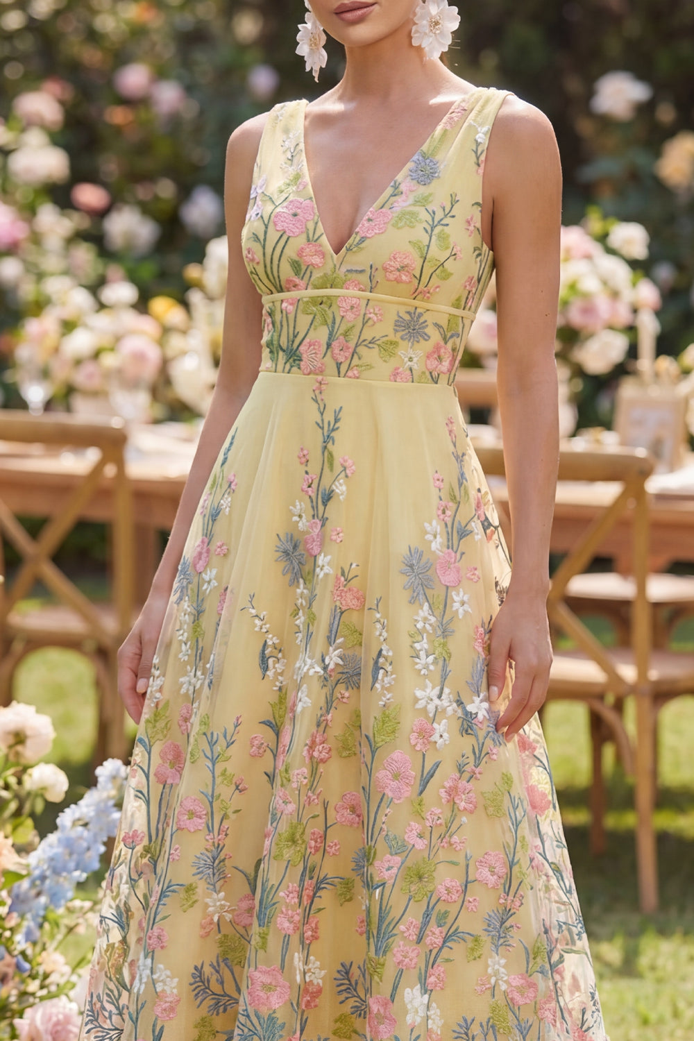 Floral Yellow V Neck A Line Maxi Wedding Guest Dress