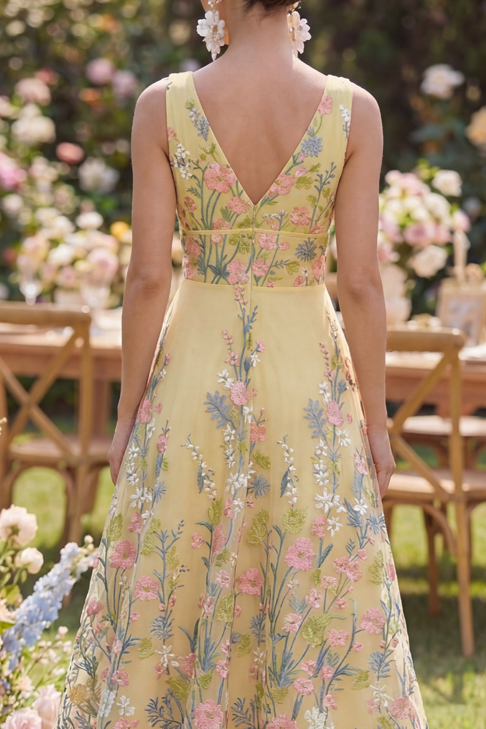 Floral Yellow V Neck A Line Maxi Wedding Guest Dress