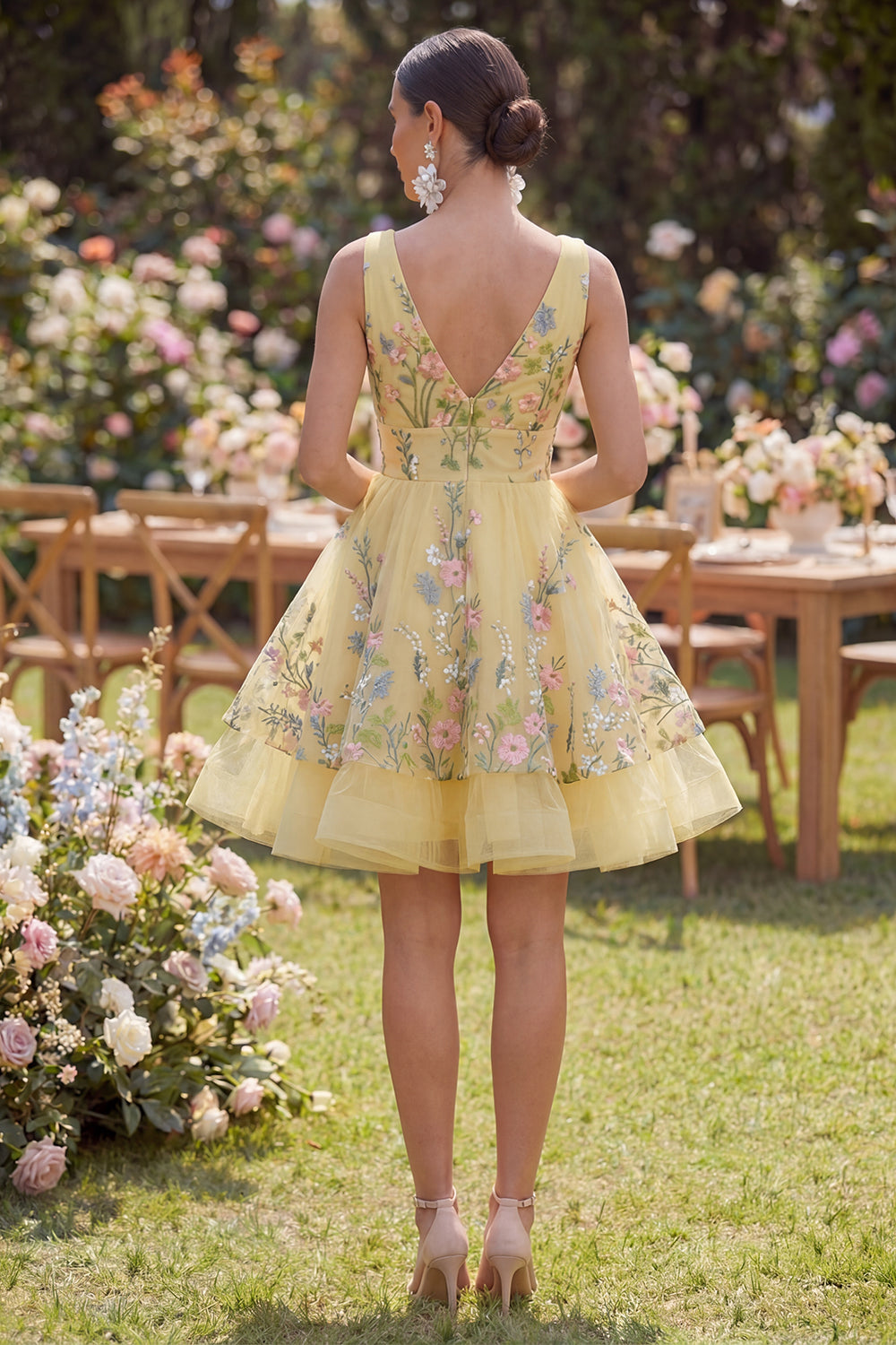 Yellow Floral A Line Mini Wedding Guest Dress