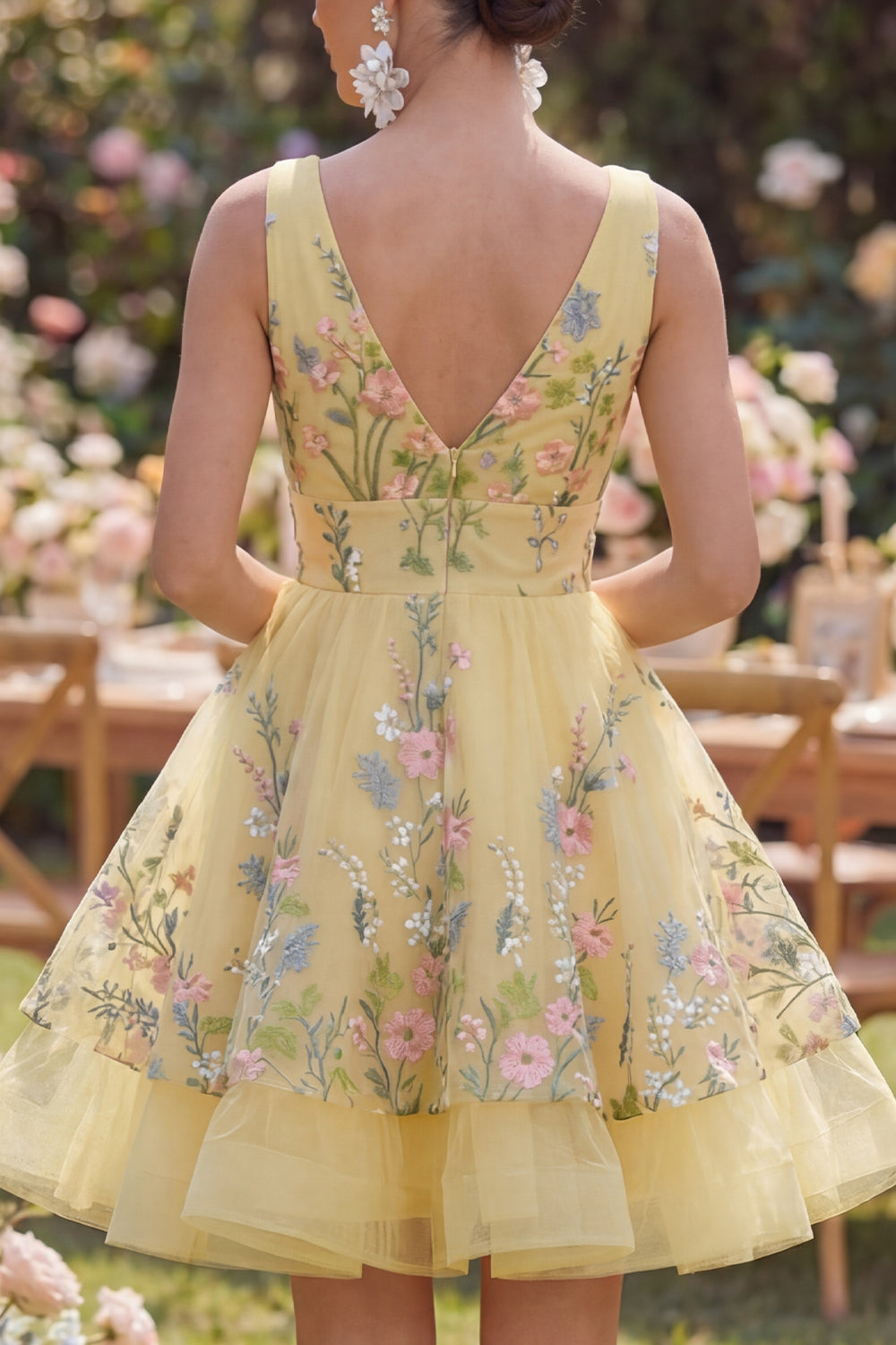 Yellow Floral A Line Mini Wedding Guest Dress
