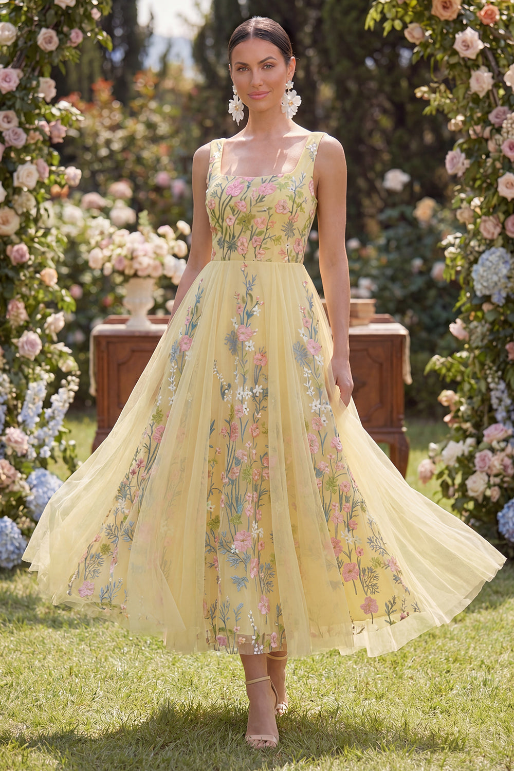 Floral Yellow A Line Embroidered Wedding Guest Dress