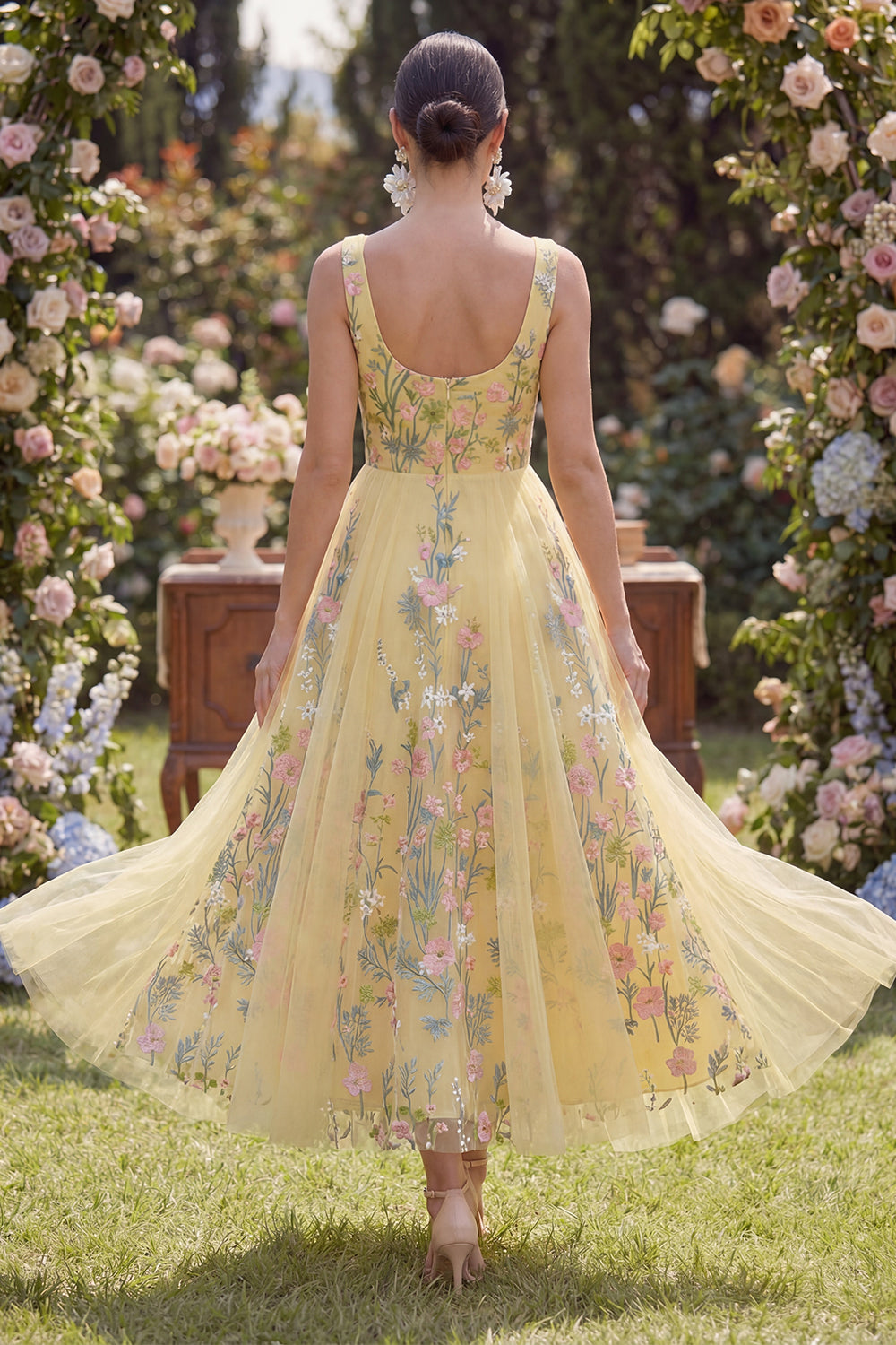 Floral Yellow A Line Embroidered Wedding Guest Dress