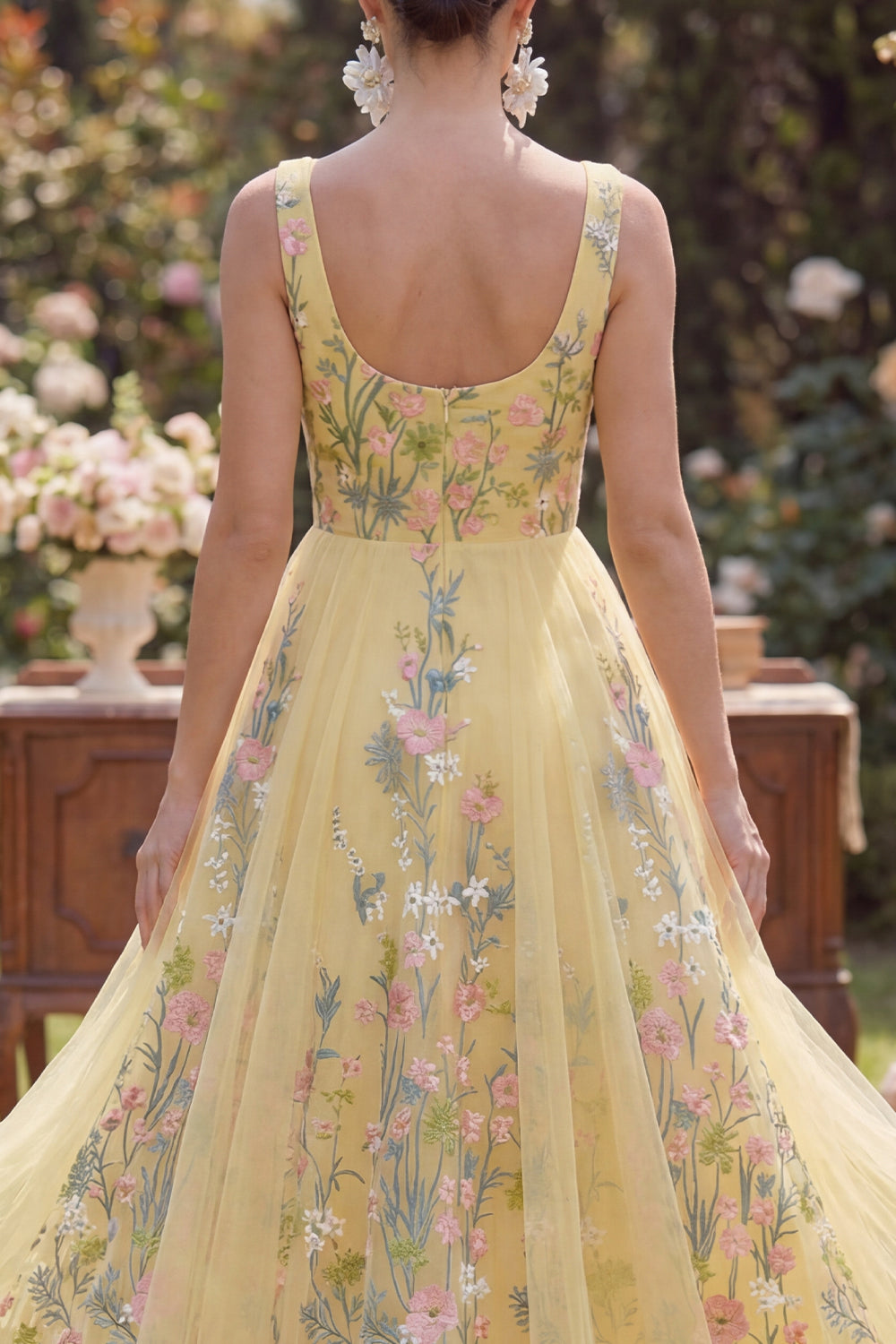 Floral Yellow A Line Embroidered Wedding Guest Dress