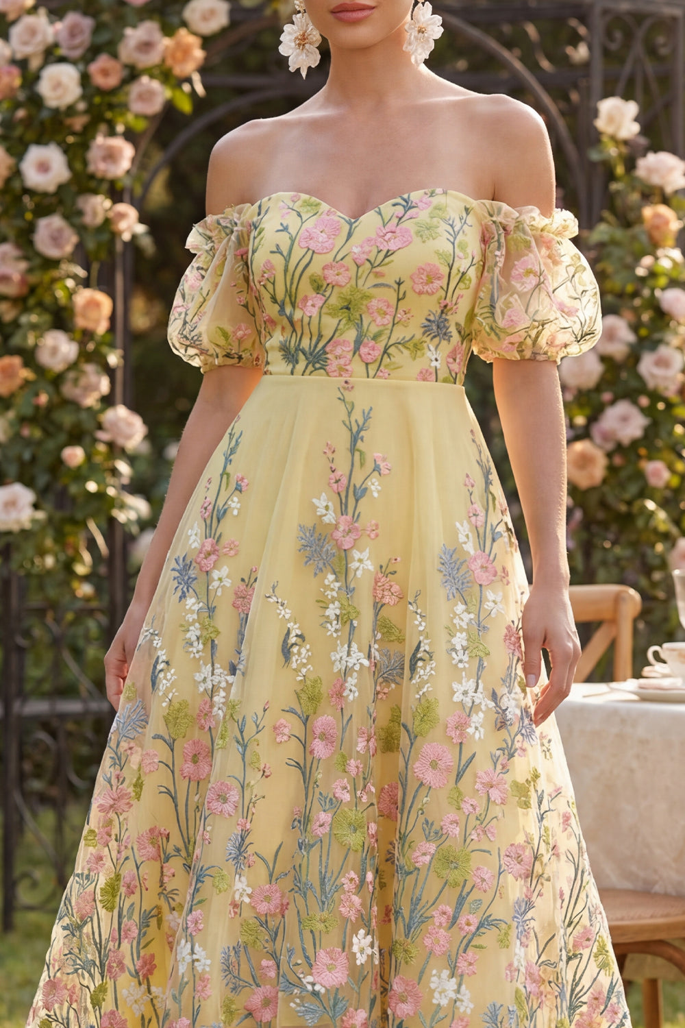 Off the Shoulder Floral Yellow High Low Wedding Guest Dress