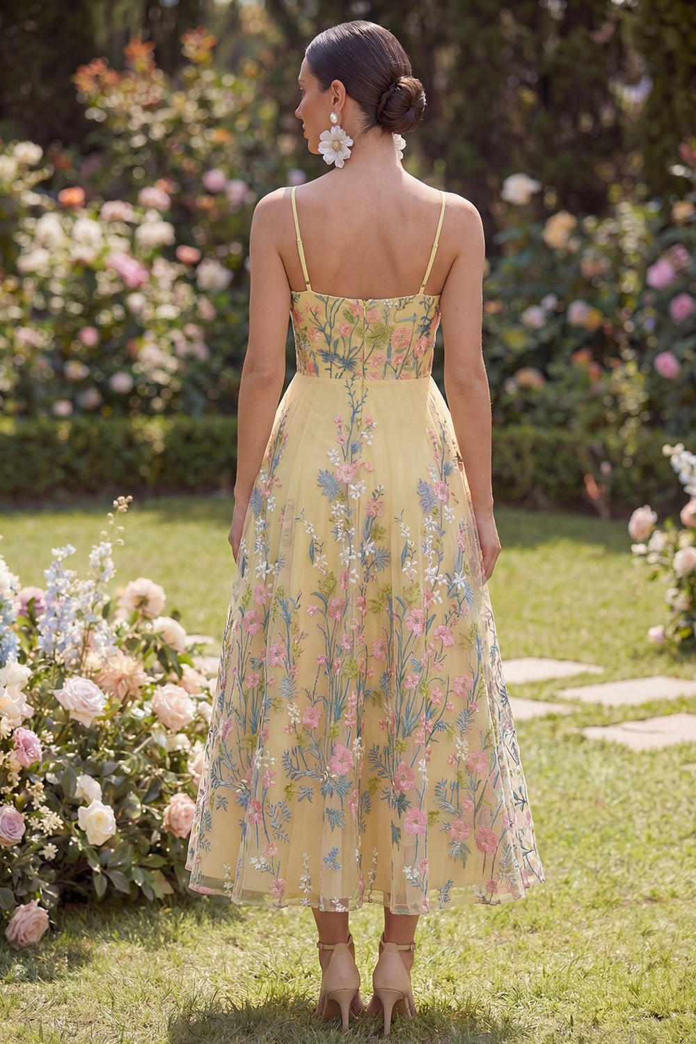 Floral Yellow A Line Embroidered Midi Wedding Guest Dress