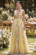 Yellow Floral Tulle A Line V Neck Embroidered Wedding Guest Dress
