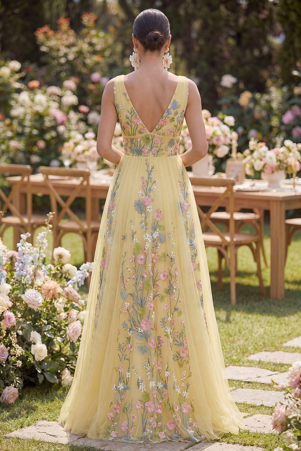 Yellow Floral Tulle A Line V Neck Embroidered Wedding Guest Dress