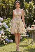 Floral A Line Champagne Corset Mini Wedding Guest Dress