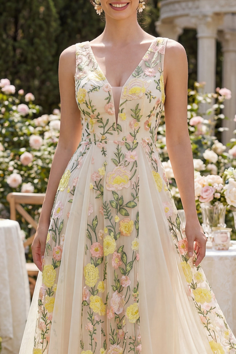 Embroidered A Line V Neck Floral Champagne Wedding Guest Dress