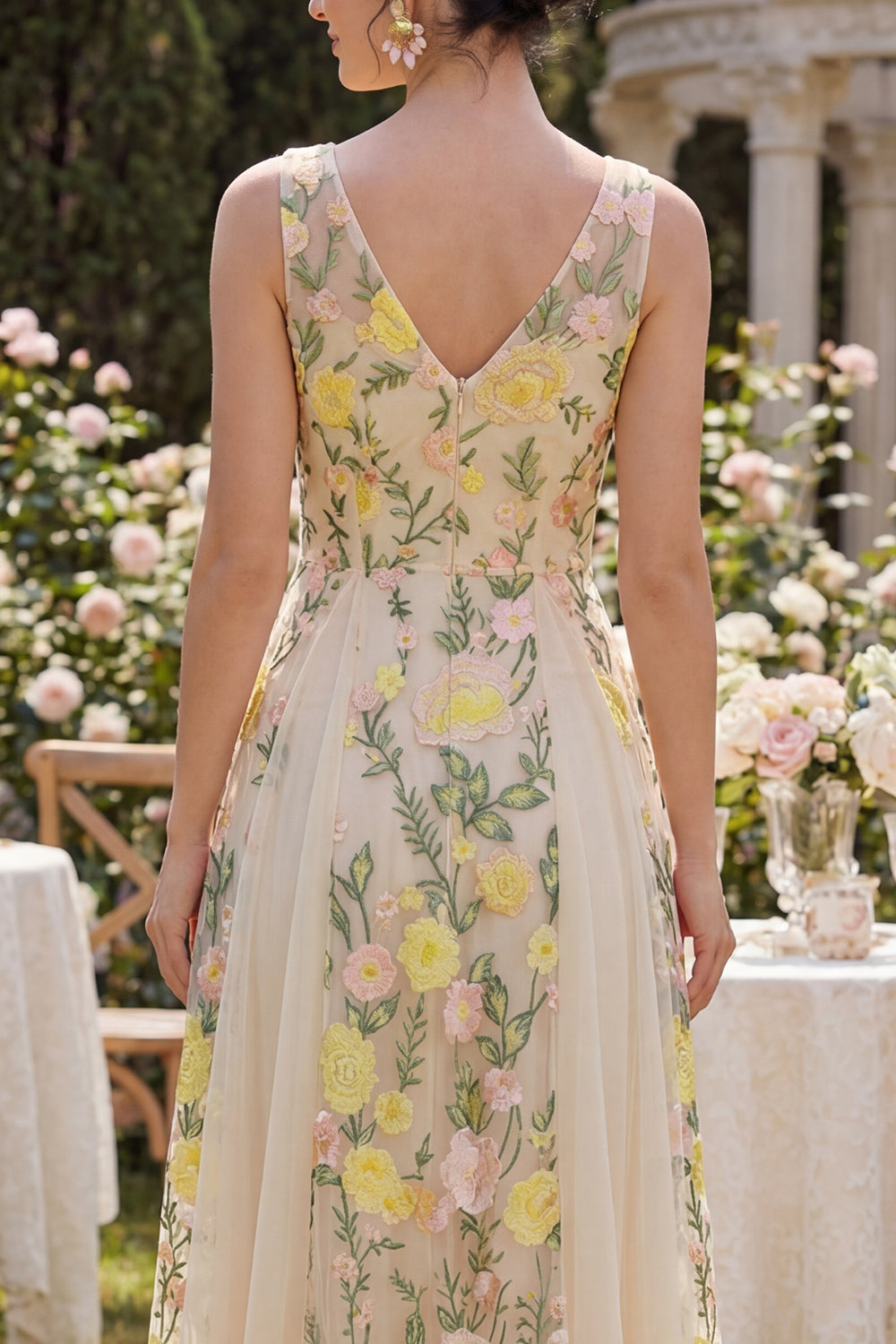 Embroidered A Line V Neck Floral Champagne Wedding Guest Dress