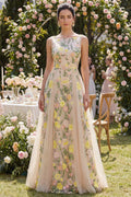 Bateau Neck Floral A Line Champagne Wedding Guest Dress