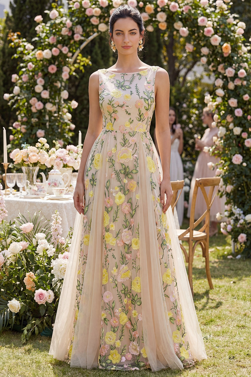 Bateau Neck Floral A Line Champagne Wedding Guest Dress