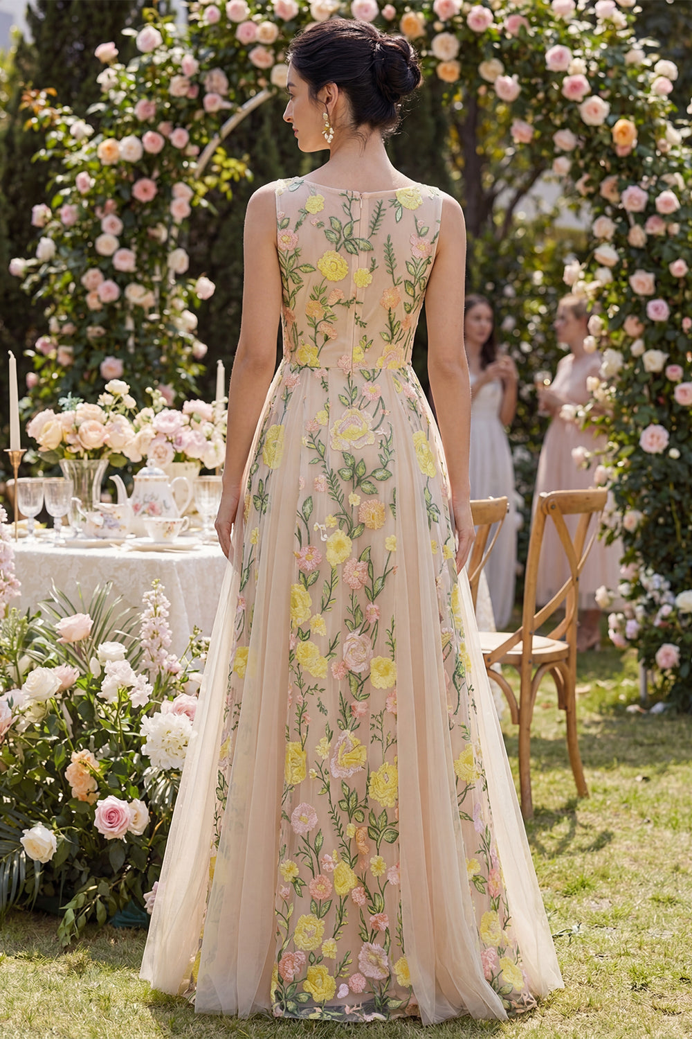 Bateau Neck Floral A Line Champagne Wedding Guest Dress