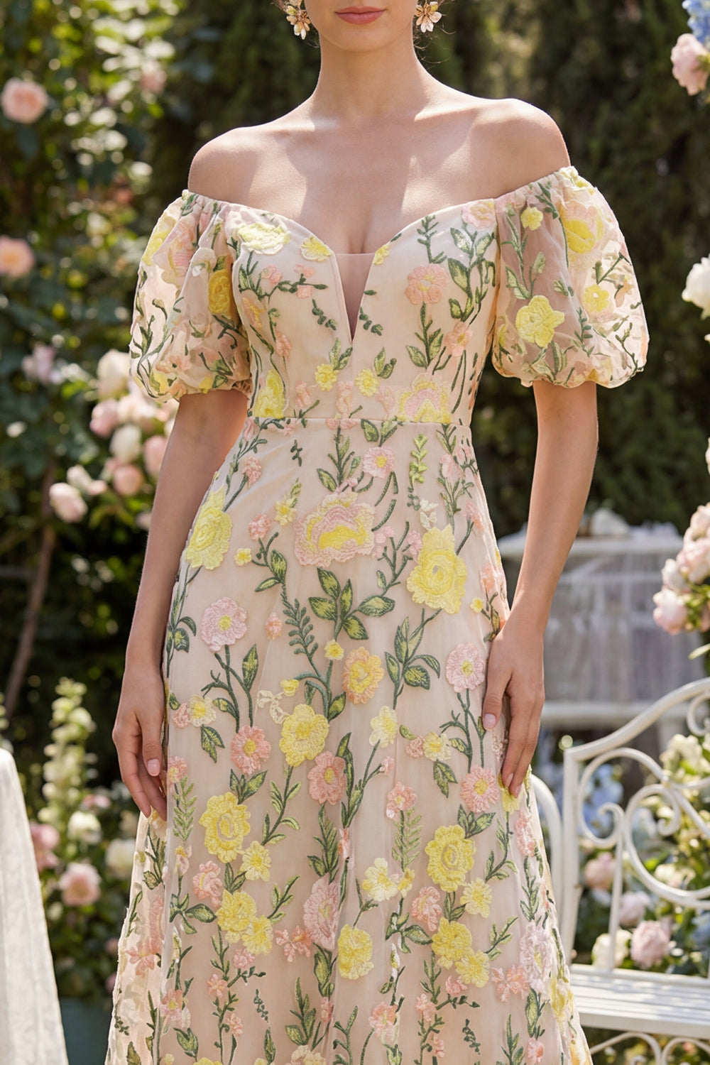 Champagne Off the Shoulder Floral A Line Wedding Guest Dress