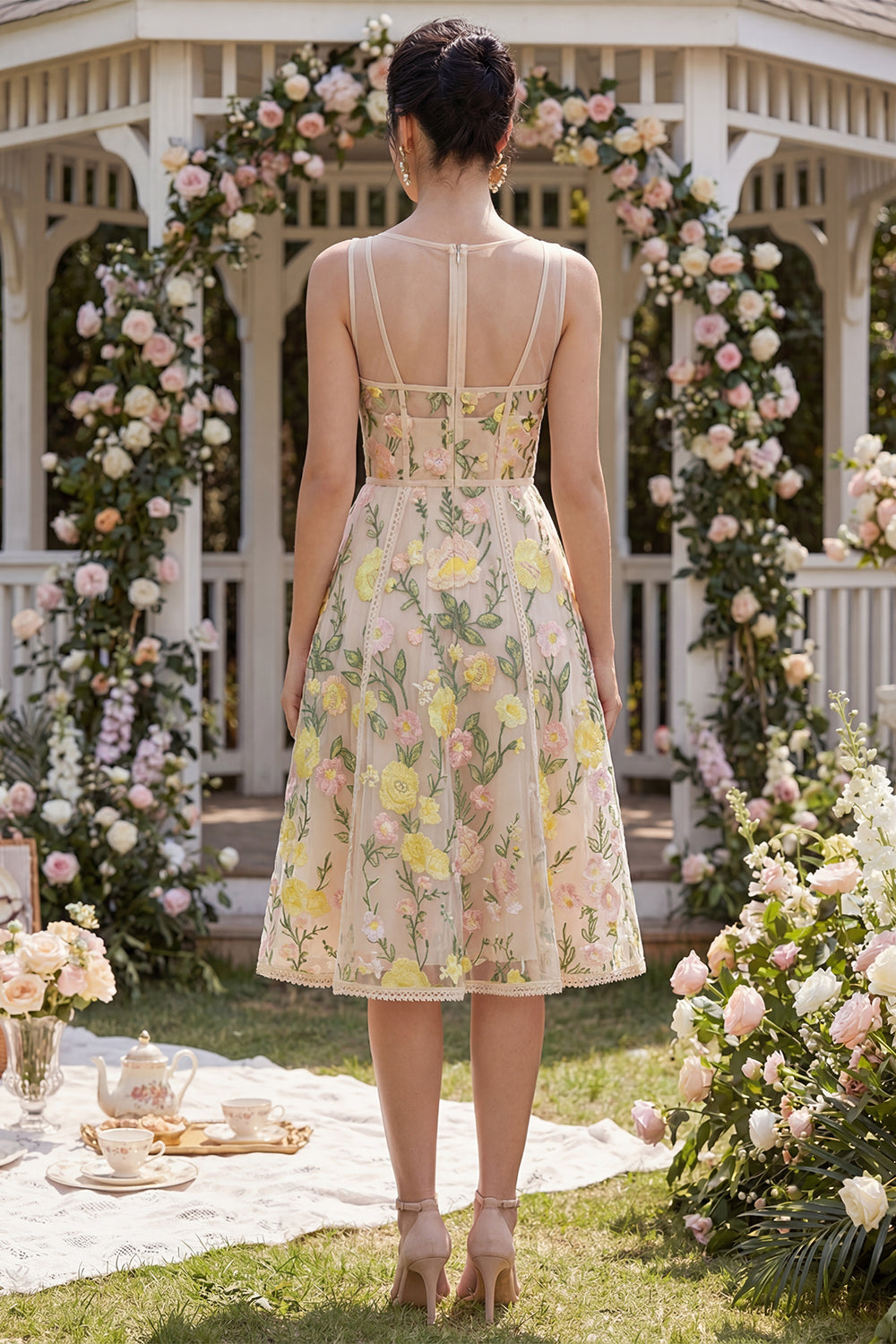 Champagne Floral A Line Corset Midi Wedding Guest Dress