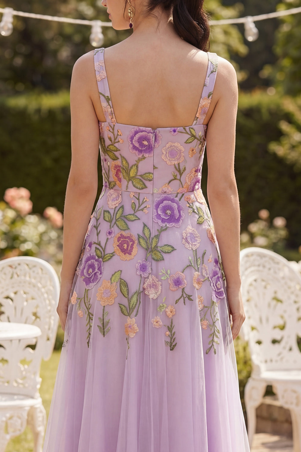 Lilac Embroidered Floral A Line Tulle Wedding Guest Dress