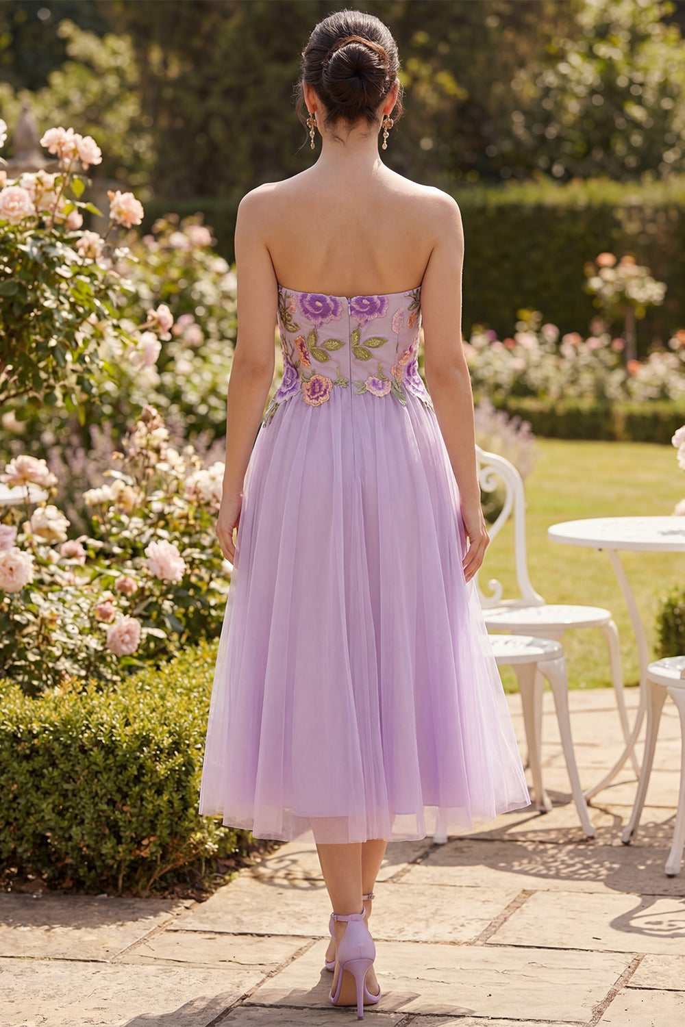 Strapless Floral Lilac Embroidered A Line Wedding Guest Dress