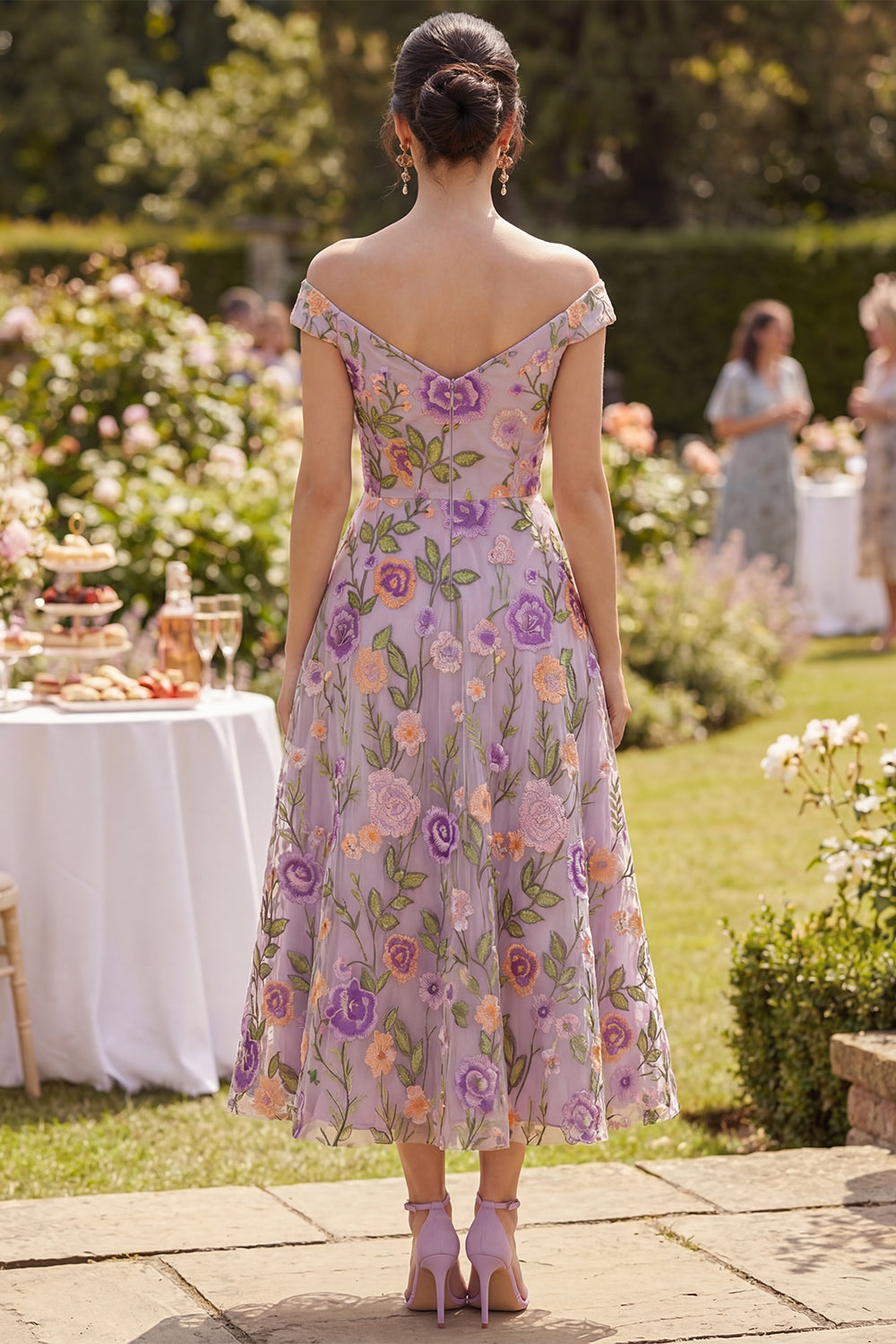 Off the Shoulder A Line Embroidered Floral Lilac Wedding Guest Dress