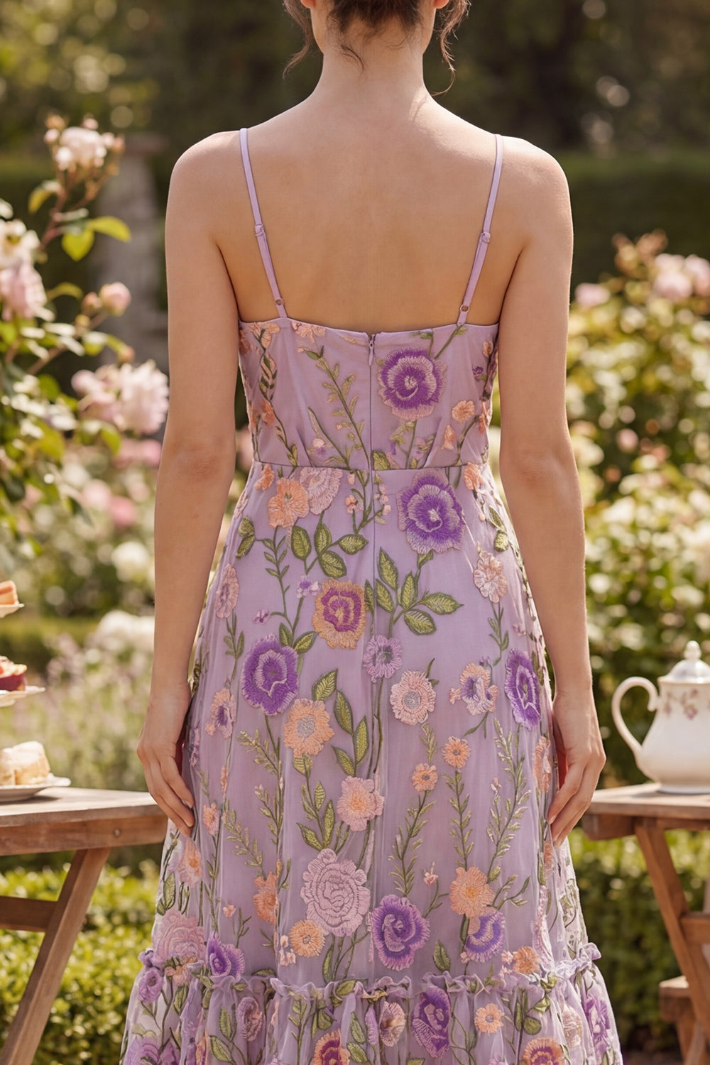 Floral A Line Embroidered Lilac Ruffled Wedding Guest Dress