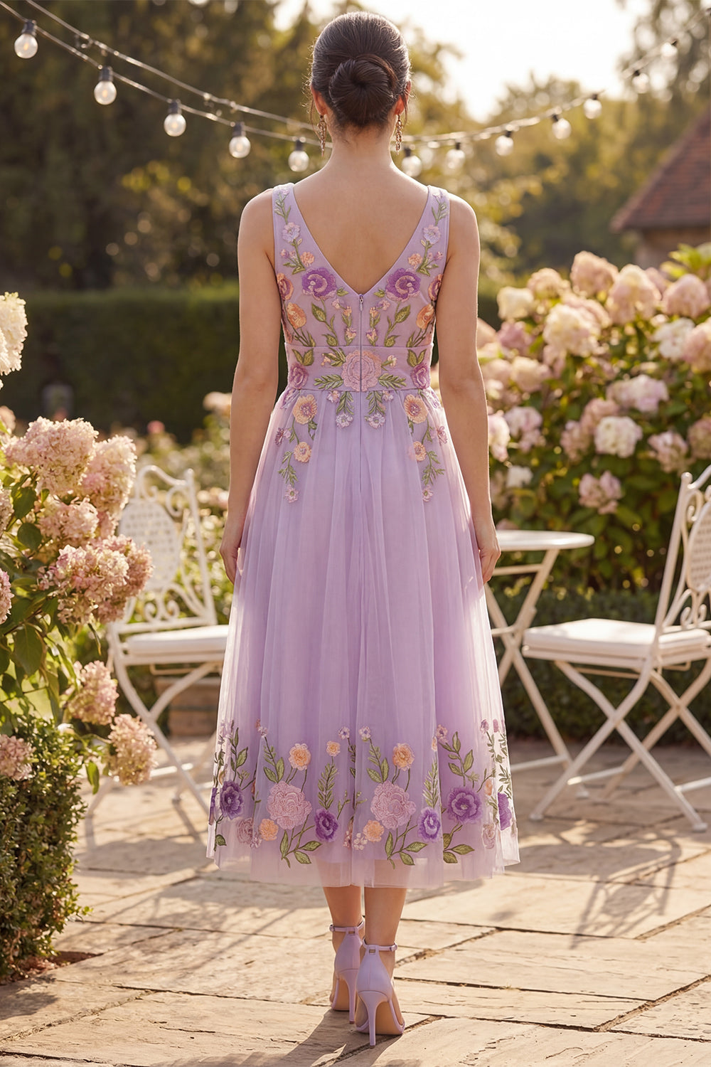 Lilac Floral A Line Embroidered V Neck Wedding Guest Dress