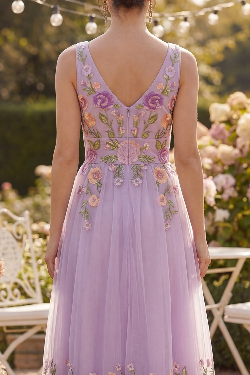 Lilac Floral A Line Embroidered V Neck Wedding Guest Dress