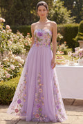 Strapless Floral Lilac A Line Embroidered Maxi Wedding Guest Dress