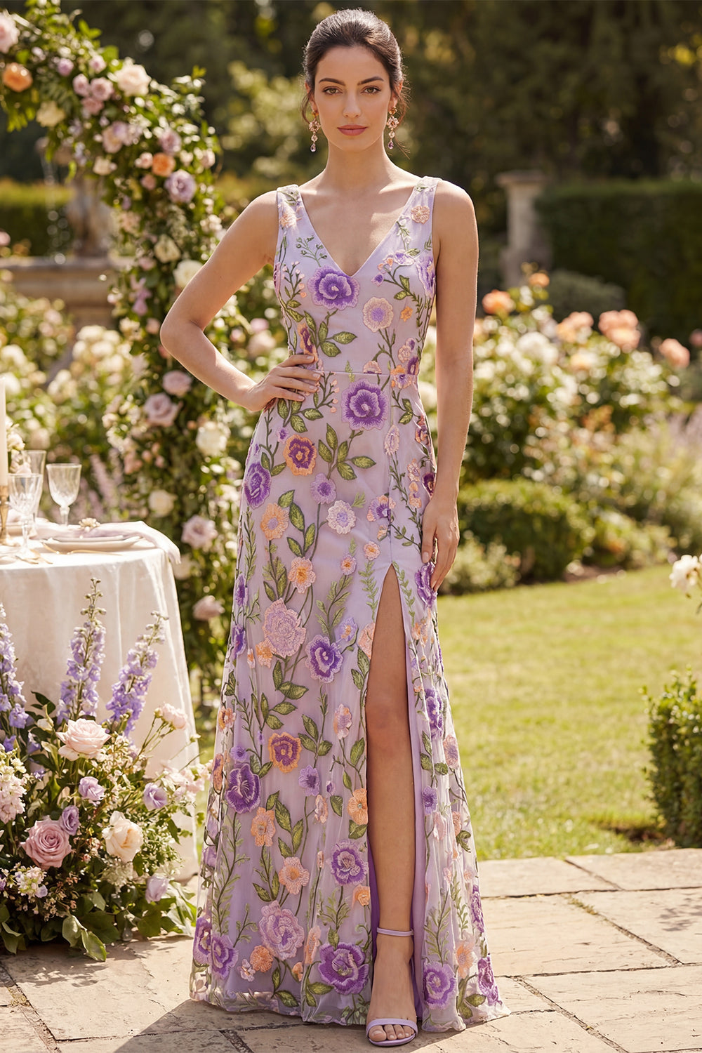 Floral Lilac Mermaid Embroidered V Neck Wedding Guest Dress