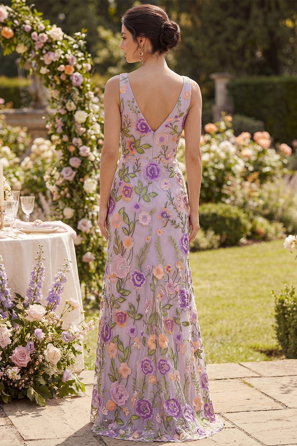 Floral Lilac Mermaid Embroidered V Neck Wedding Guest Dress
