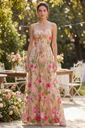 Blush Floral A Line Embroidered Maxi Wedding Guest Dress