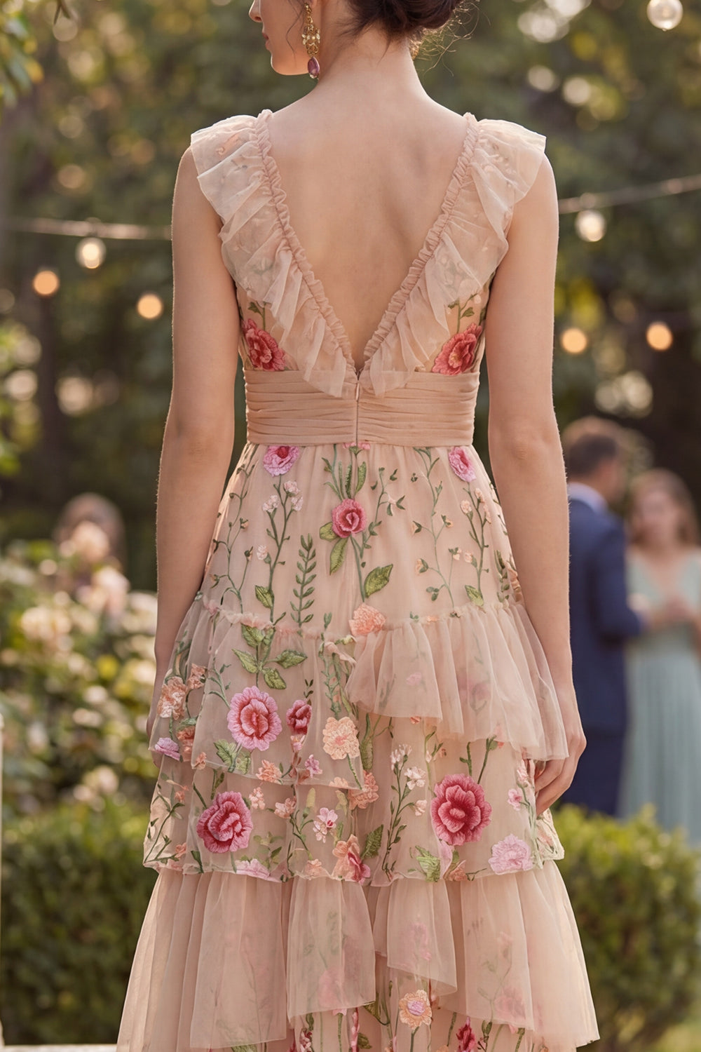 Tiered Blush Floral A Line High Low Wedding Guest Dress