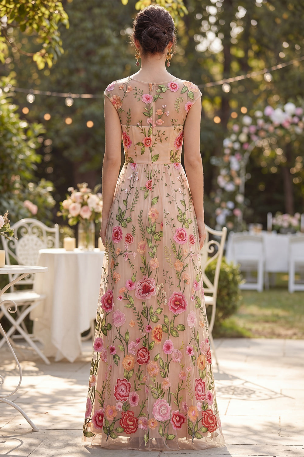 Cap Sleeve Blush Floral Embroidered Maxi Wedding Guest Dress