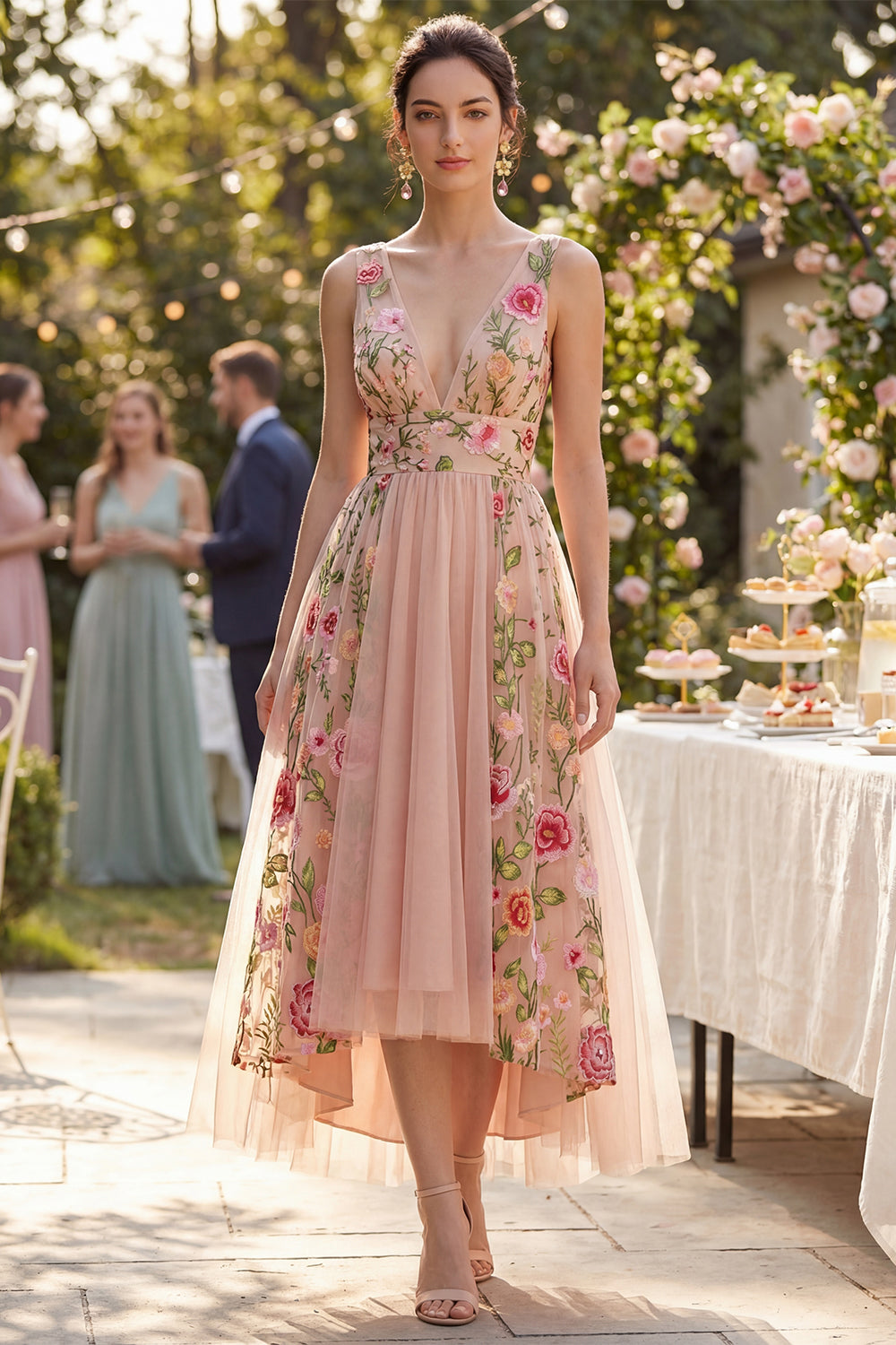 High Low Blush Floral Embroidered A Line Wedding Guest Dress
