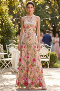 Floral Halter Blush Embroidered Maxi Wedding Guest Dress