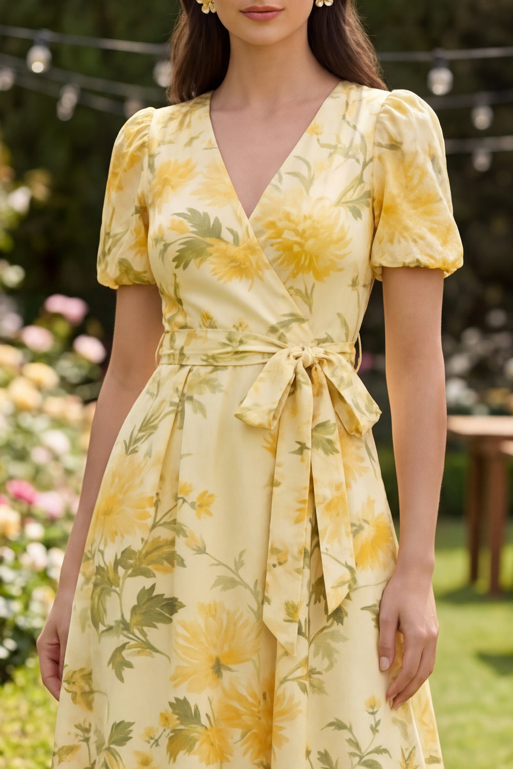 Yellow Printed A Line Bowed Wedding Guest Dress with Ruffles