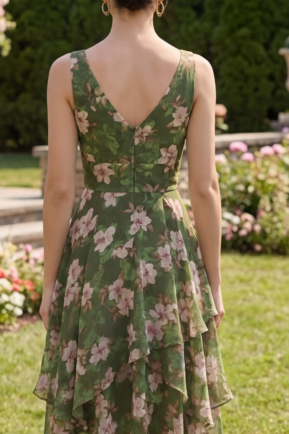 Dark Green A Line Printed Ruffled Wedding Guest Dress