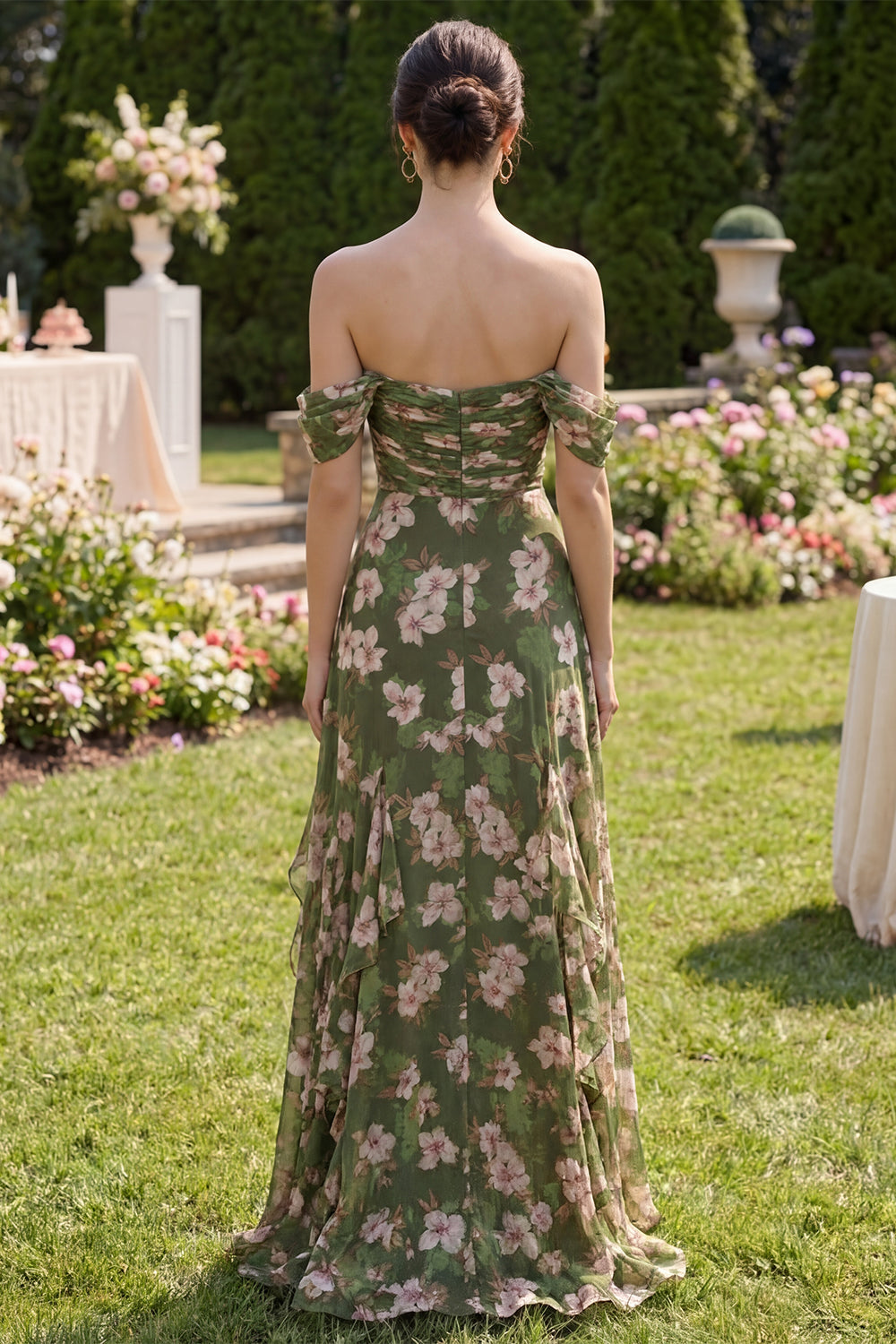 Off the Shoulder Dark Green Ruched A Line Floral Wedding Guest Dress