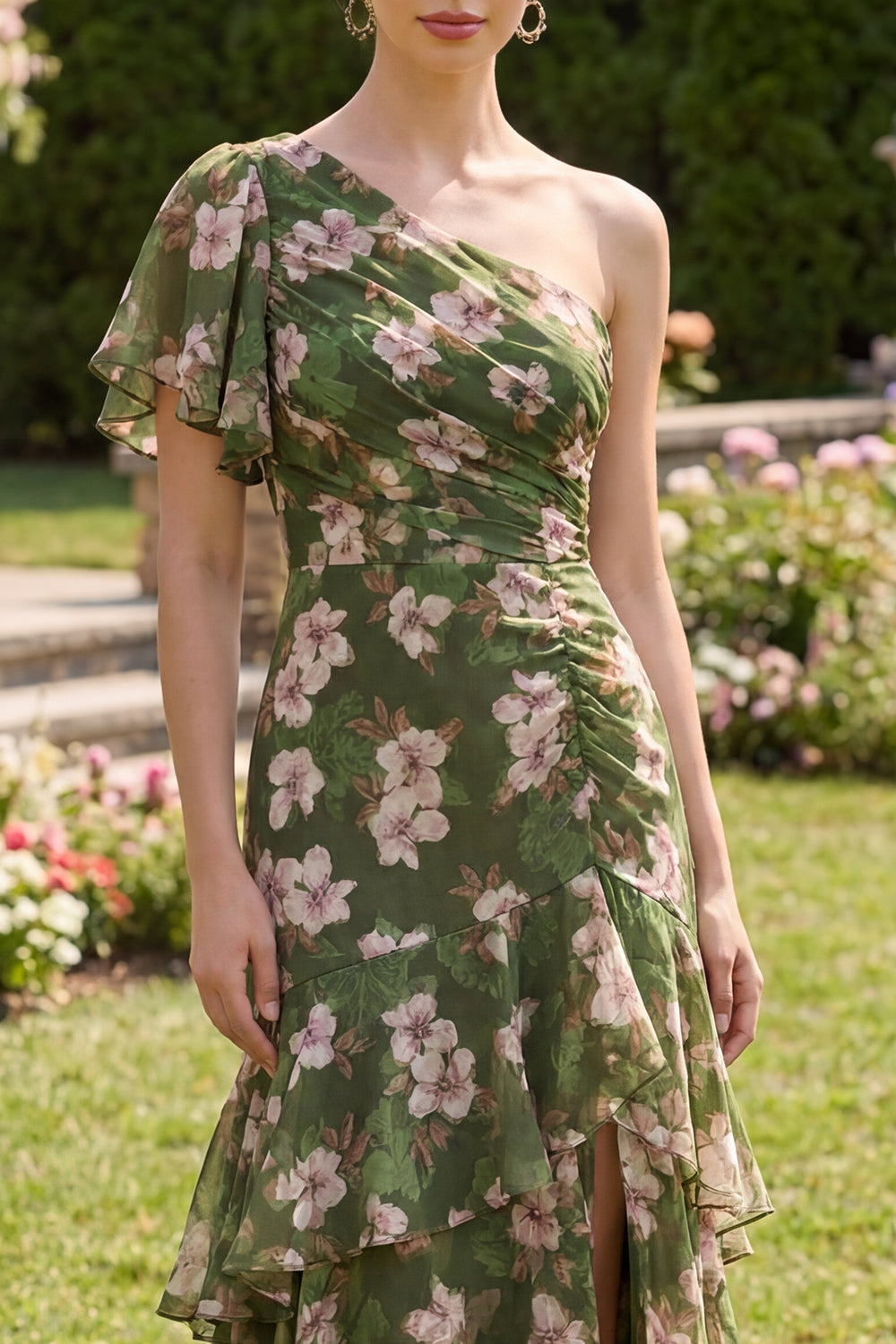 Dark Green One Shoulder Ruffled Floral Maxi Wedding Guest Dress