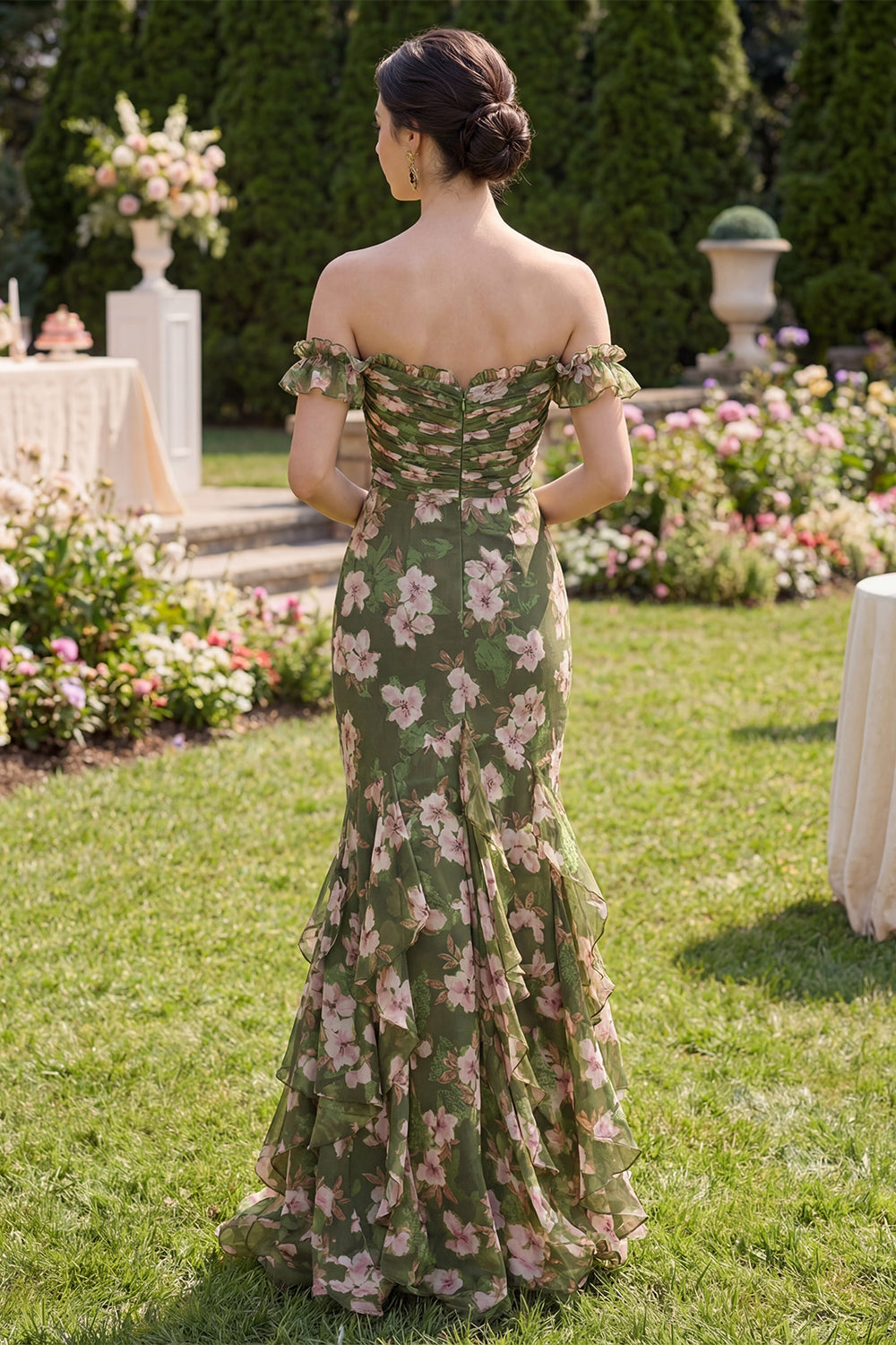 Mermaid Dark Green Off the Shoulder Ruffled Floral Wedding Guest Dress