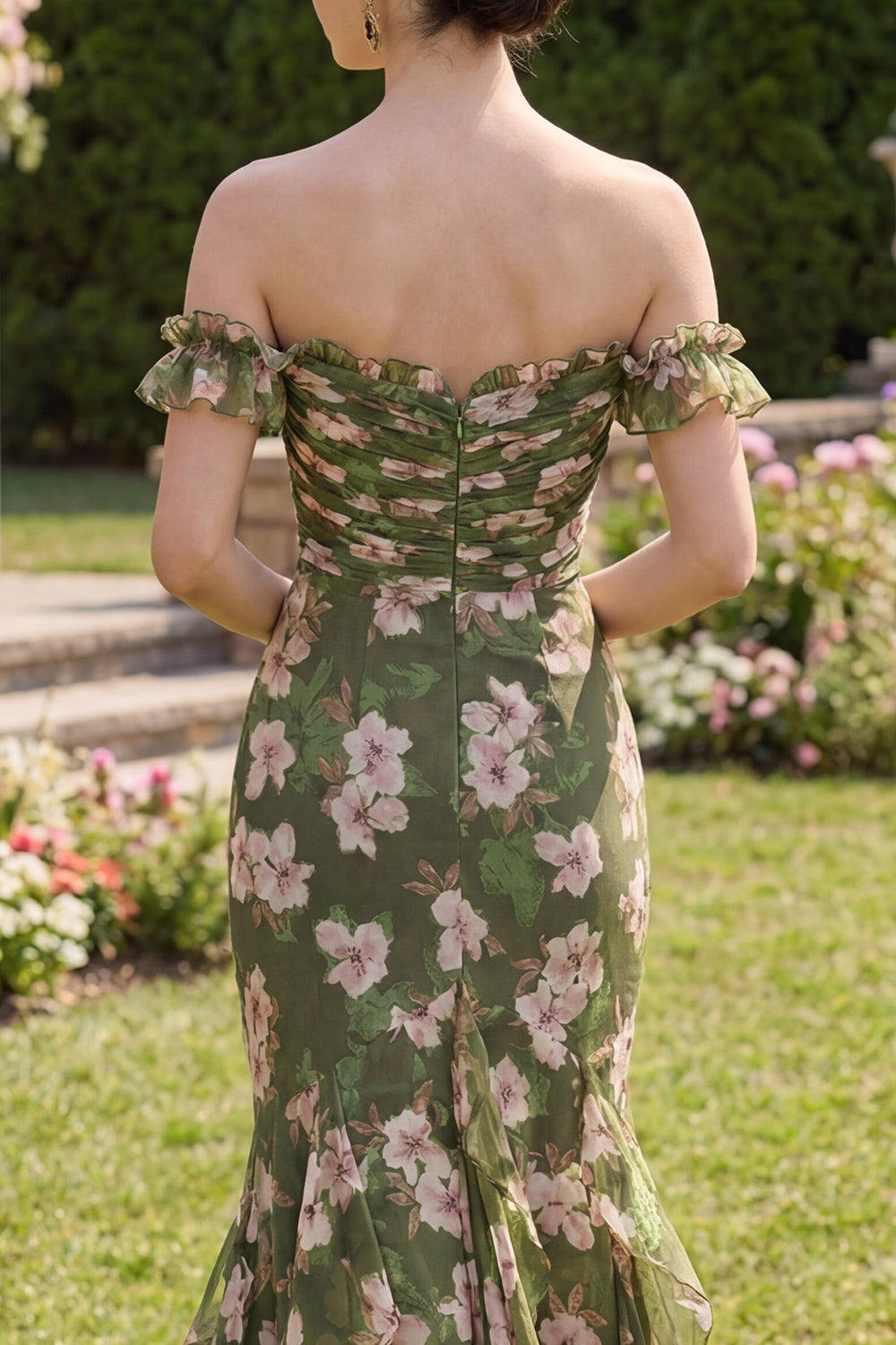 Mermaid Dark Green Off the Shoulder Ruffled Floral Wedding Guest Dress