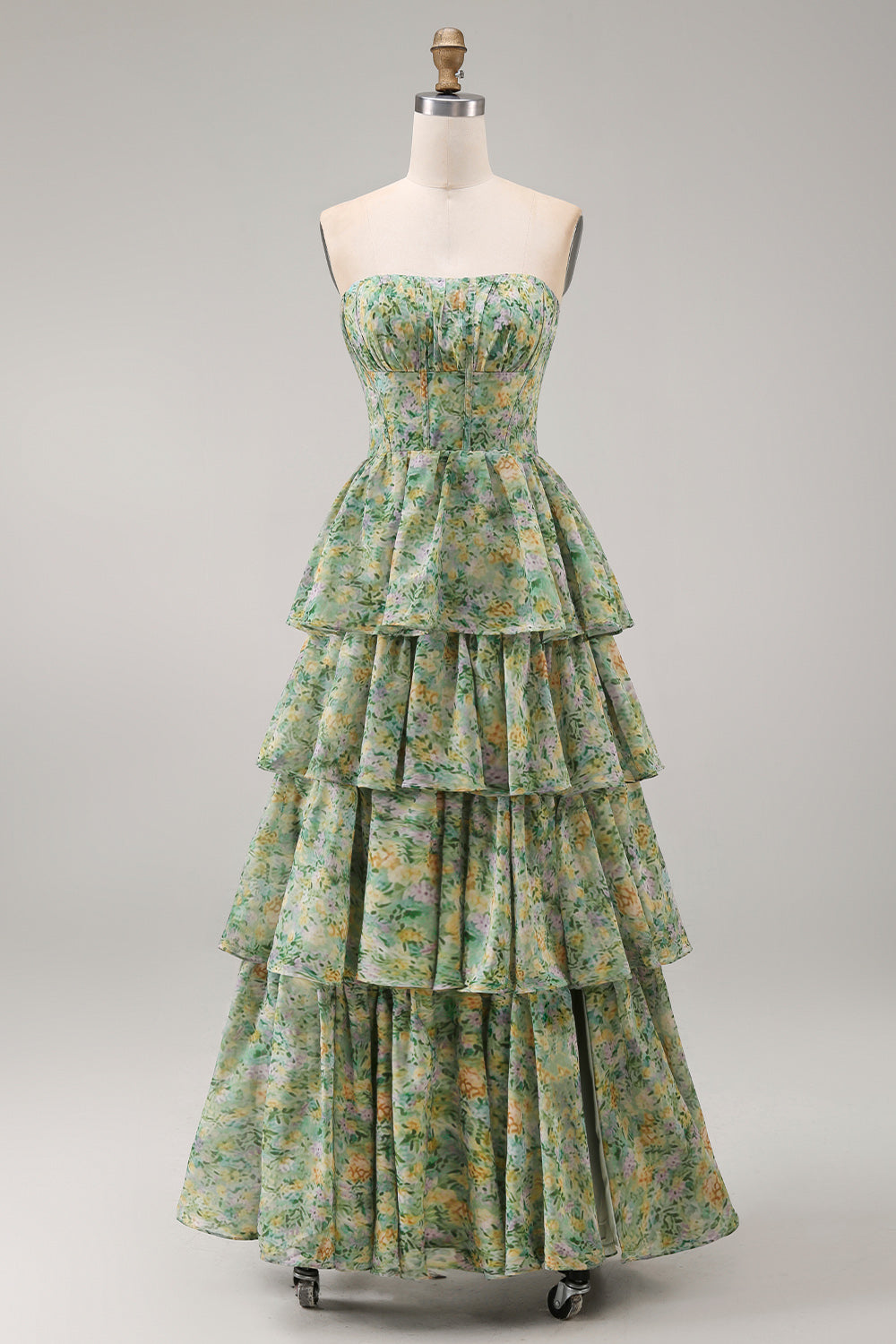 Tiered Strapless Pleated Dusty Green Printed Wedding Guest Dress