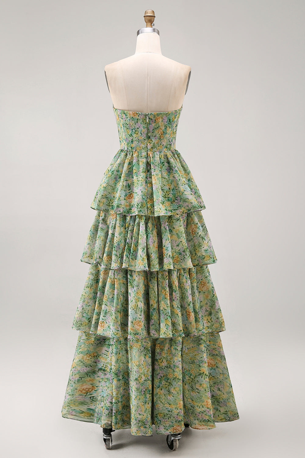Tiered Strapless Pleated Dusty Green Printed Wedding Guest Dress