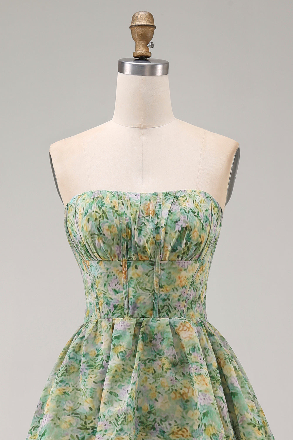 Tiered Strapless Pleated Dusty Green Printed Wedding Guest Dress