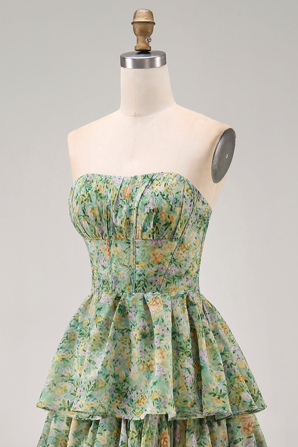Tiered Strapless Pleated Dusty Green Printed Wedding Guest Dress
